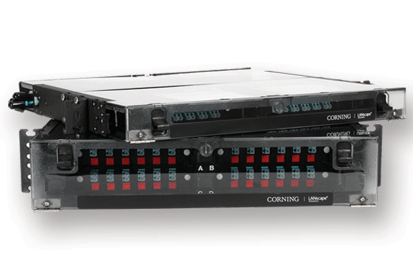 Fiber optic Corning patch panel installed in a modern data center rack system