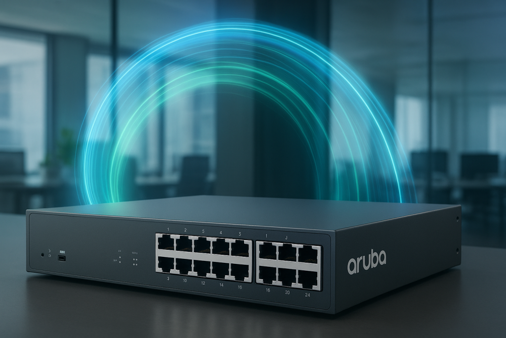 Aruba Switch in a modern office setting, showing fast, secure, and trusted network connectivity for businesses in Riyadh.