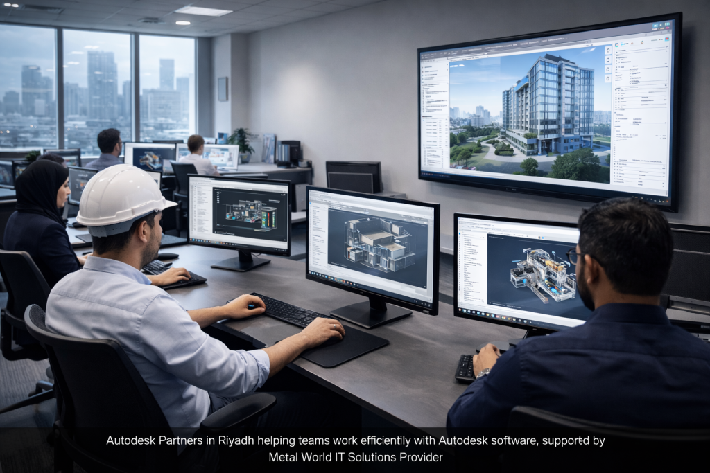 Team of architects and engineers using Autodesk software in Riyadh office, supported by Metal World IT Solutions Provider.
