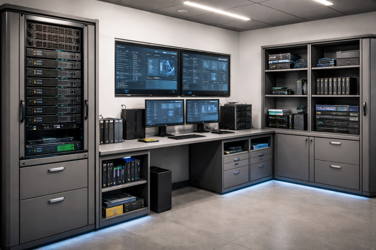 Modern IT office with Avayo Cabinets Saudi Arabia, organized servers, computers, and accessories, highlighting solutions by Metal World IT Solutions Provider.