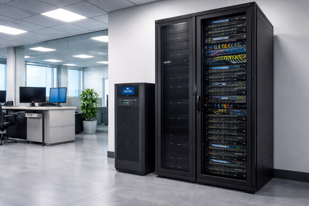 A modern office IT room showing a Vertiv UPS installed beside a network server rack with neatly organized cables, highlighting reliable power backup for business systems.
