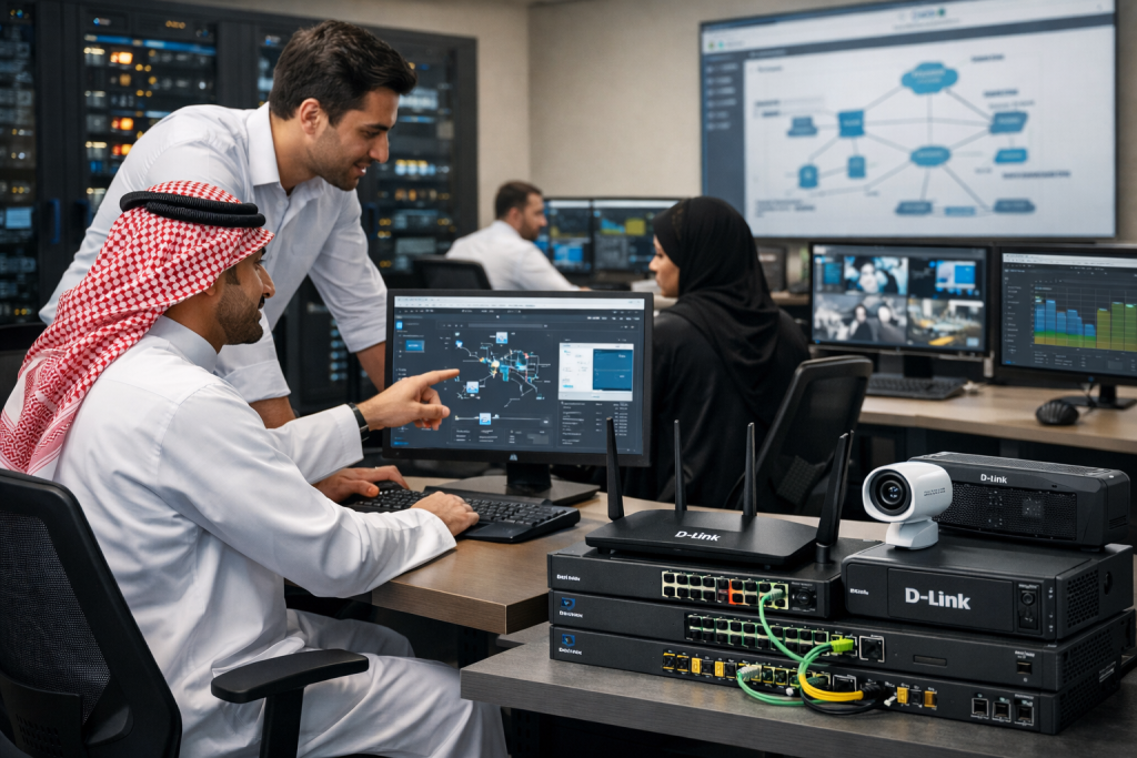 IT team working with D-Link networking devices in Saudi Arabia with support from Metal World IT Solutions Provider