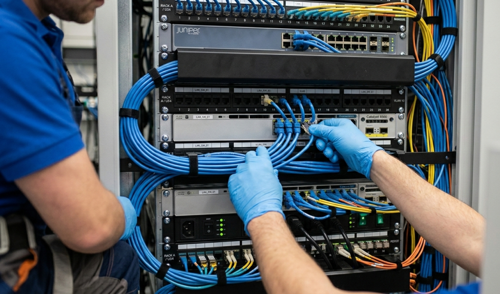 High-quality network and electrical infrastructure components in a modern commercial or industrial environment.