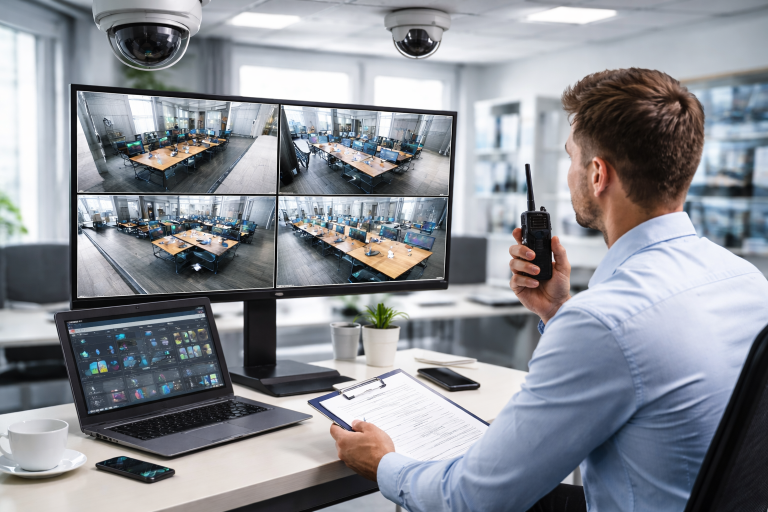Security officer monitoring four CCTV cameras in a modern office environment in Riyadh