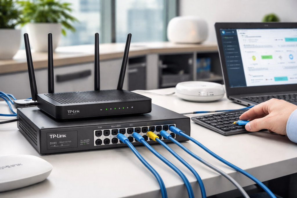 TP-Link router and switch connected with network cables in an office setup for business networking in Saudi Arabia.
