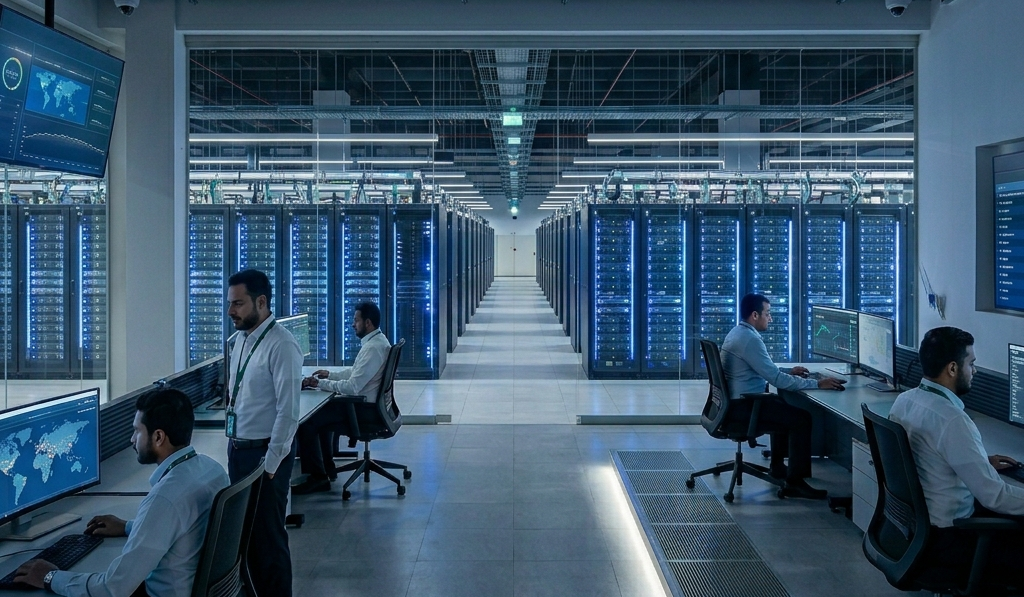 High-tech data center in Riyadh with server racks, glowing LED lights, and engineers monitoring digital systems in a control room