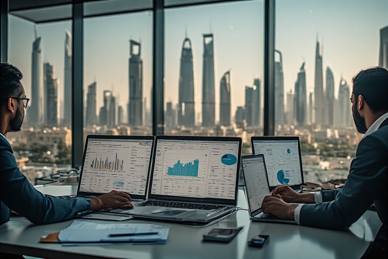 Digital marketing team working on strategy with Riyadh skyline representing business growth in Saudi Arabia