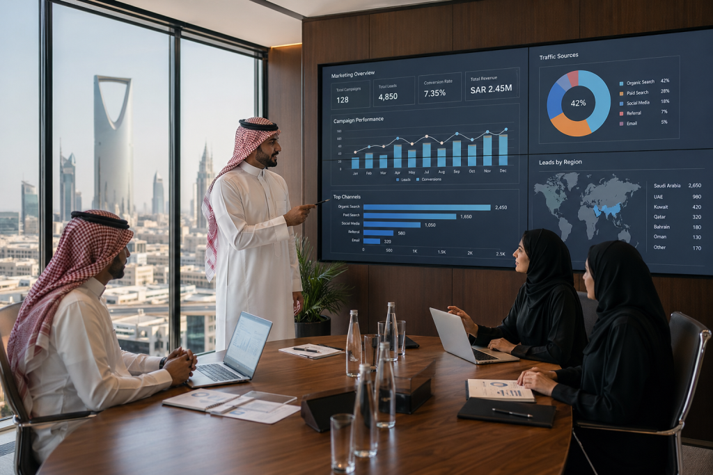 Corporate marketing team in Riyadh reviewing digital dashboards and CRM analytics in a modern office meeting room.
