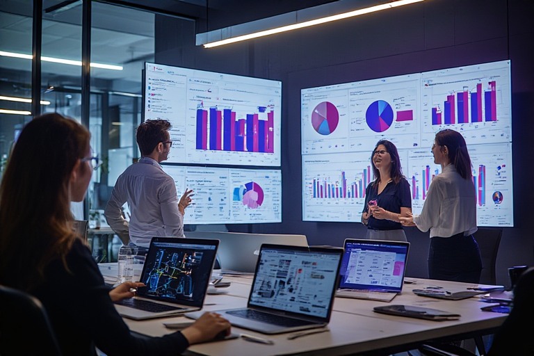 Digital marketing team analyzing social media performance dashboards on multiple screens in a modern office environment