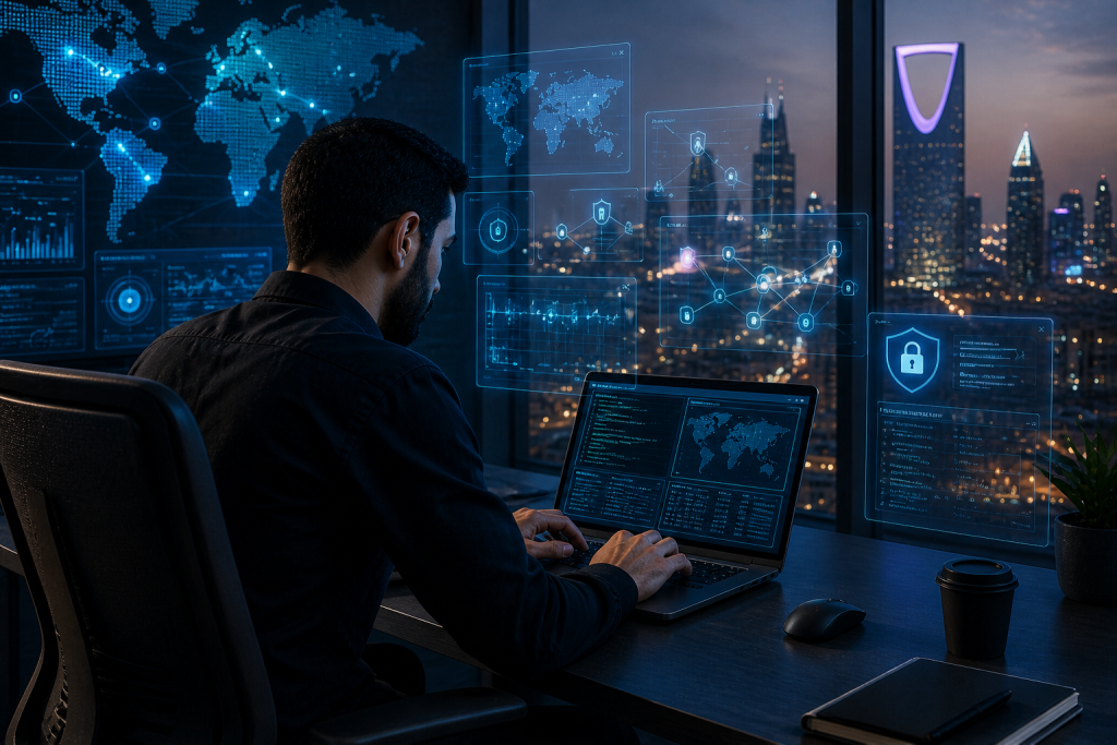 Cyber security expert performing penetration testing on network systems
