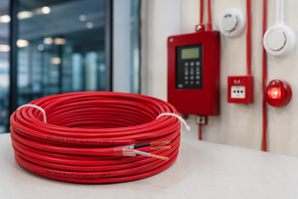 Coil of Belden fire alarm cable with fire alarm control panel and safety devices installed in a modern commercial building.