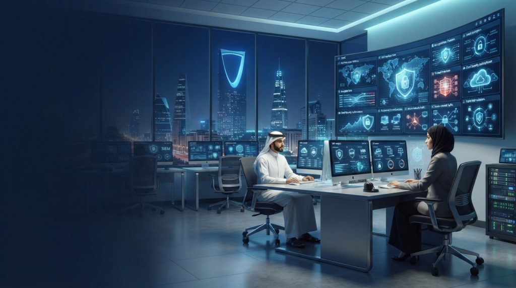 Professional cybersecurity consultants managing enterprise IT security infrastructure and cloud protection for businesses in Riyadh, Saudi Arabia.