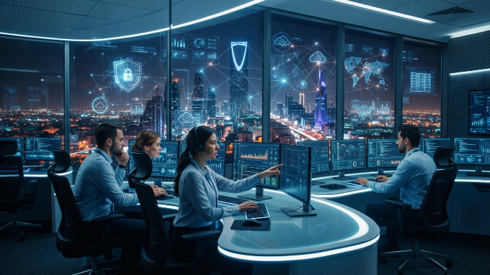 Futuristic Saudi IT infrastructure scene with cybersecurity, cloud, and enterprise network visualization in Riyadh skyline
