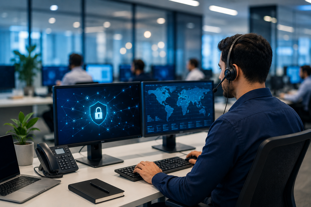 IT support engineer monitoring business network infrastructure and cybersecurity solutions in Riyadh, Saudi Arabia.