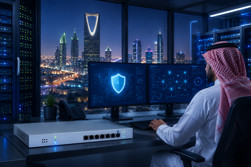 Professional cybersecurity workspace with firewall appliance, secure network monitoring dashboard, and Riyadh skyline representing Sophos Firewall solutions.