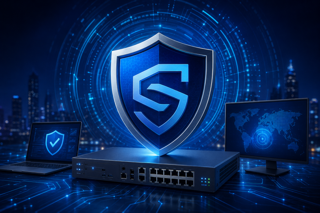 Sophos cybersecurity infrastructure with firewall, secure network equipment, and digital protection concept for businesses in Riyadh, Saudi Arabia.