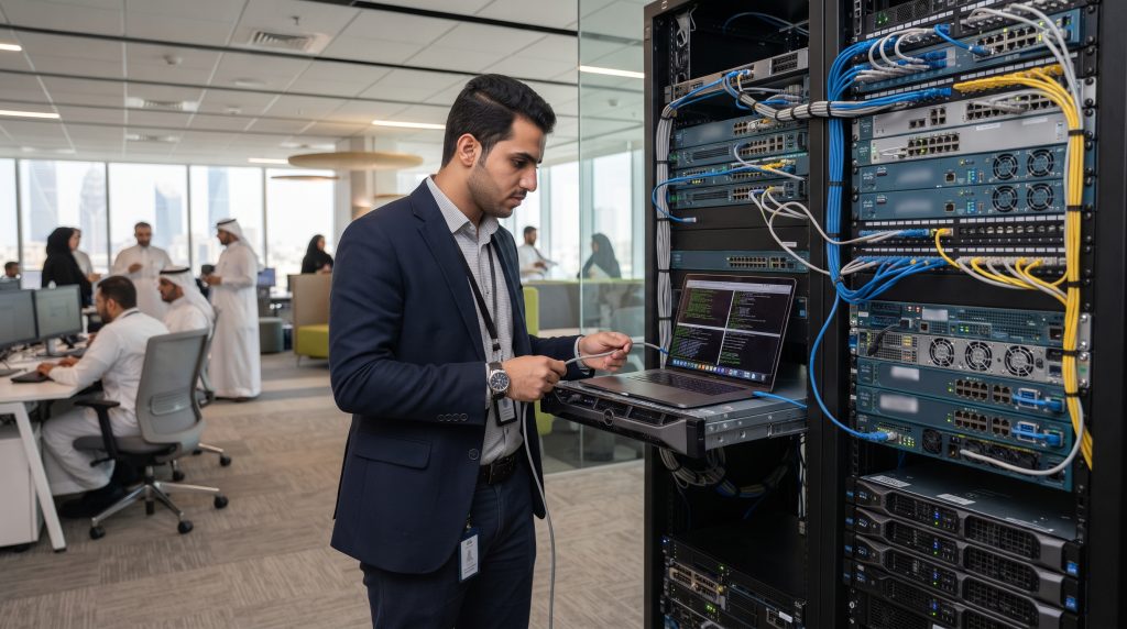 Onsite IT support technician troubleshooting network equipment in a Riyadh office
